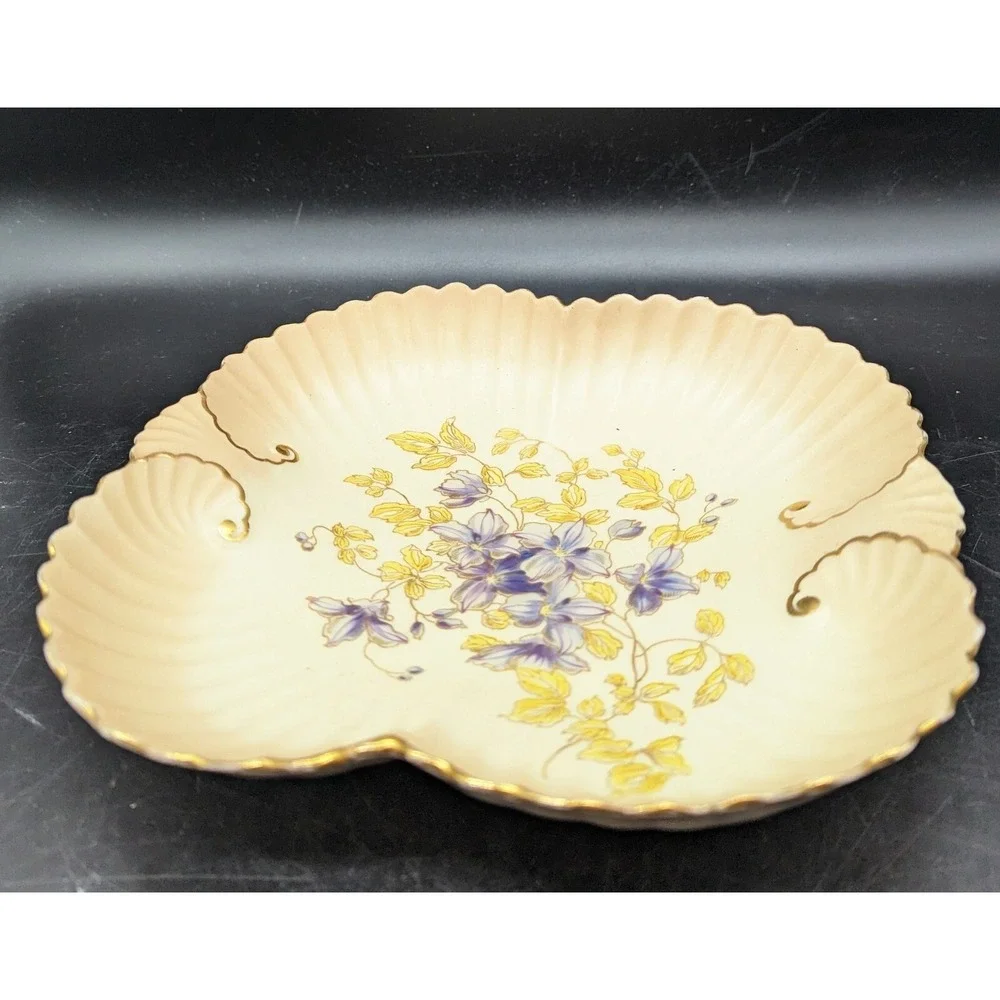 Antique‎ Fluted Porcelain Square Nut Candy Dish Purple Flower Violet 9